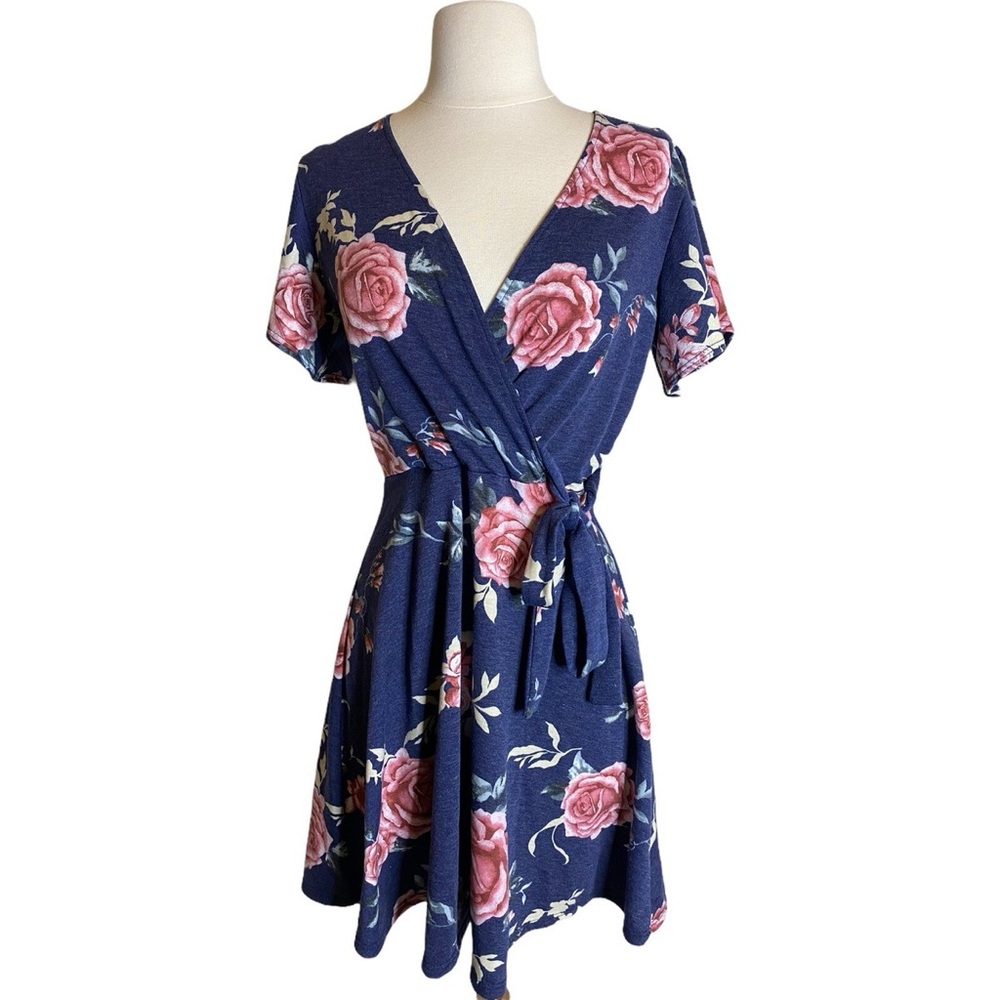 Francesca’s Alya Dress Pink Blue Floral V Neck Wrap Dress